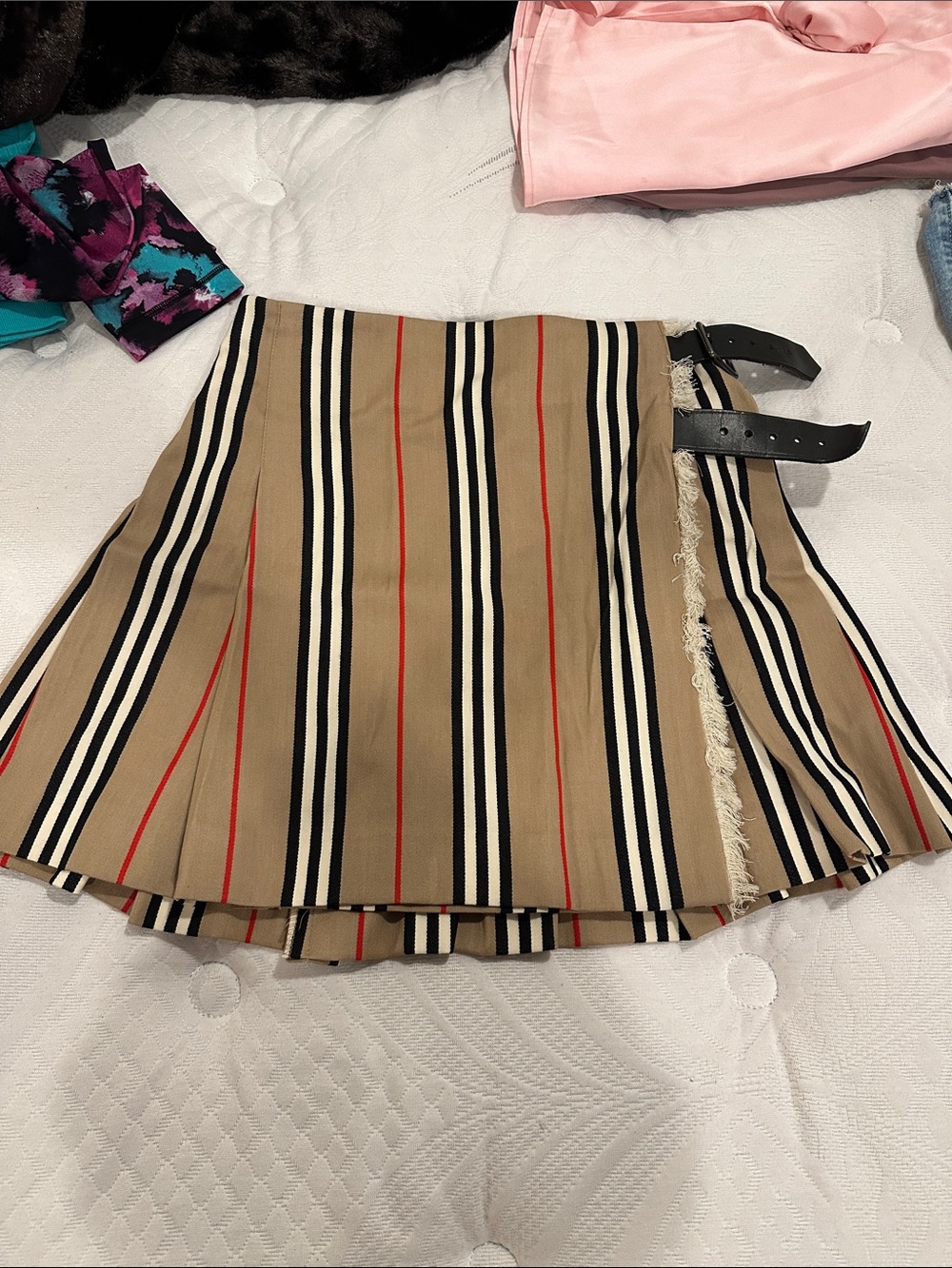 Burberry Tan Striped Pleated Mini Skirt with Buckle Detail
